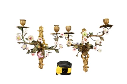 PAIR LOUIS XV STYLE GILT BRONZE & TOLE PAINTED SCONCES