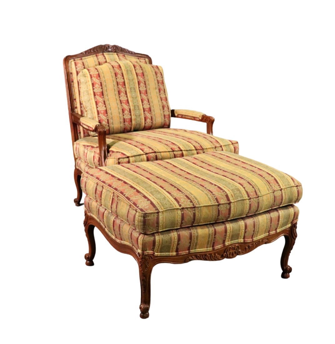E J VICTOR CARVED ARM CHAIR & OTTOMAN (1 of 13)