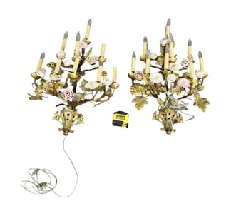 PAIR GILT METAL PORCELAIN FLORAL SCONCES
