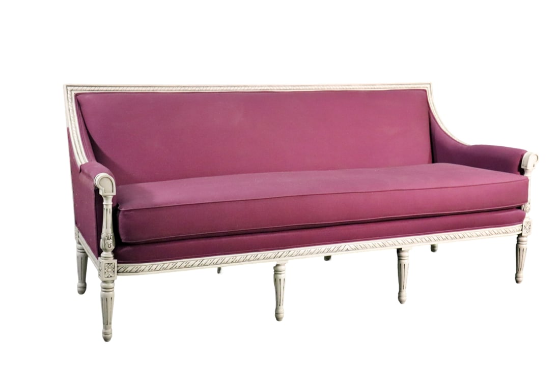 LOUIS XVI STYLE DISTRESSED SOFA: Carved distressed frame. Upholstered. 36 3/8" h x 84 1/2" w x 26 1/4" d. Seat height 22".