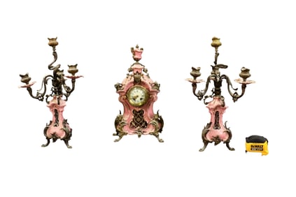 3 PIECE PORCELAIN & BRONZE FRENCH CLOCK SET