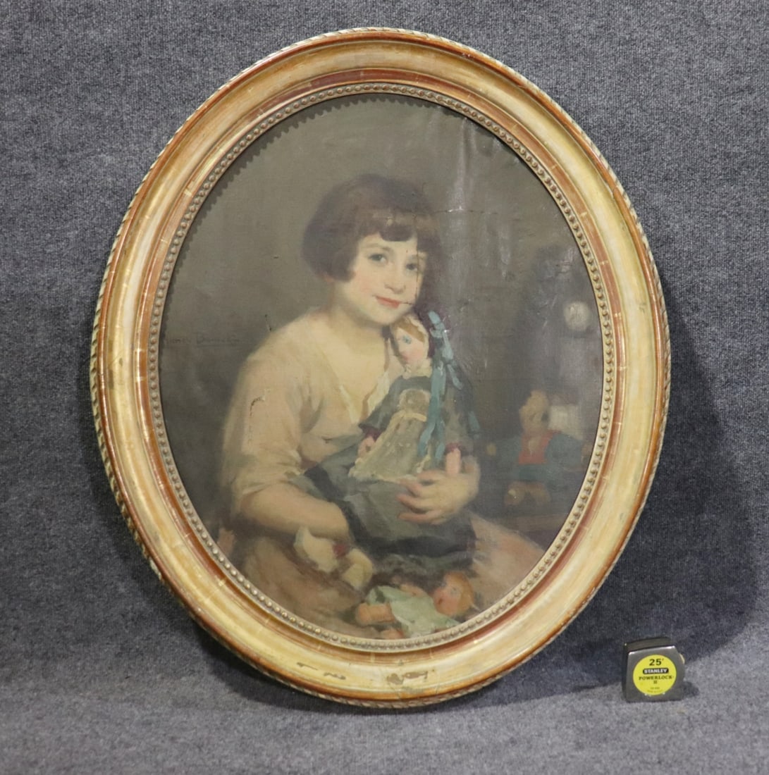 SIGNED CYPRIEN EUGENE BOULET OVAL OIL PAINTING YOUNG GIRL WITH DOLL (1 of 8)