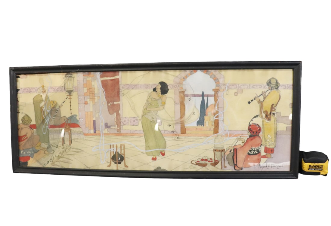 SIGNED MARVIN F. THOMPSON PERSIAN FIGURES PAINTING: Signed Marvin F Thompson 1916 lower right. Oil on canvas painting. 15 1/4" h x 39 1/2" w x 3/4" d. Painting measures 13 5/8" h x 38" w.