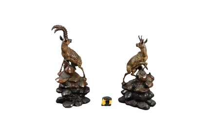 PAIR BLACK FOREST CARVINGS ALPINE DEER (CHAMOIS) FIGURES
