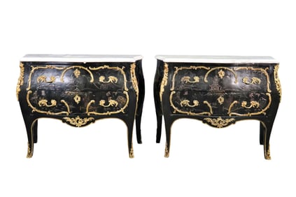 PAIR CHINOISERIE MARBLE TOP BOMBAY COMMODES