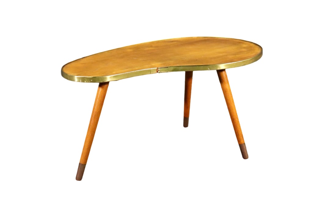 MINIATURE GIO PONTI STYLE TABOURET TABLE: Brass trim. Wood. Copper foot caps. 11" h x 21 1/2" w x 12 1/4" d.