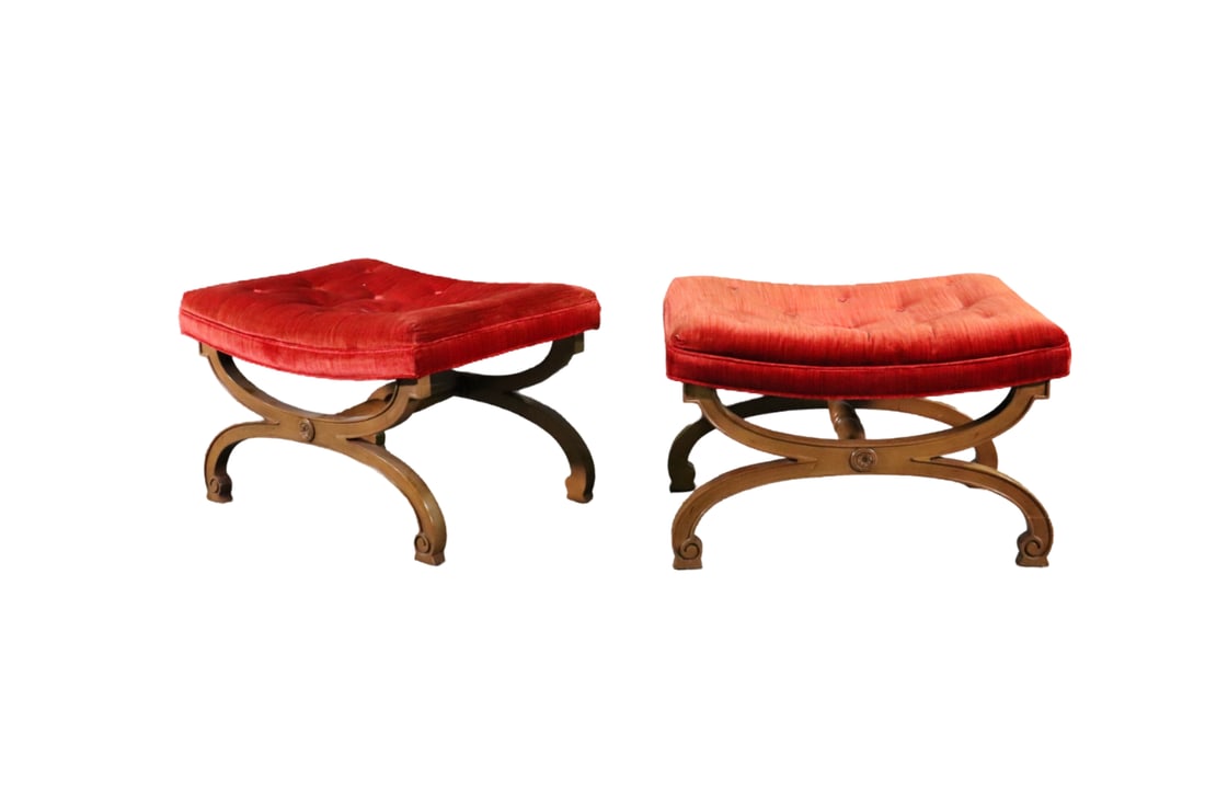 PAIR TOMLINSON FURNITURE X BENCHES: Wood frames. Upholstered cushions. 18 1/4" h x 27 1/4" w x 21" d.