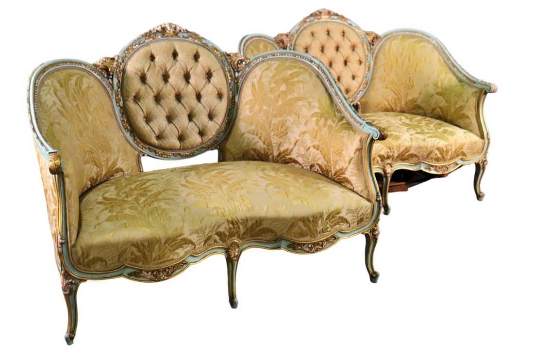 PAIR LOUIS XV STYLE CARVED SETTEES: Carved wood. Upholstered. Painted. Tufted center. 38 3/4" h x 49 1/2" w x 37" d. Seat height 15".