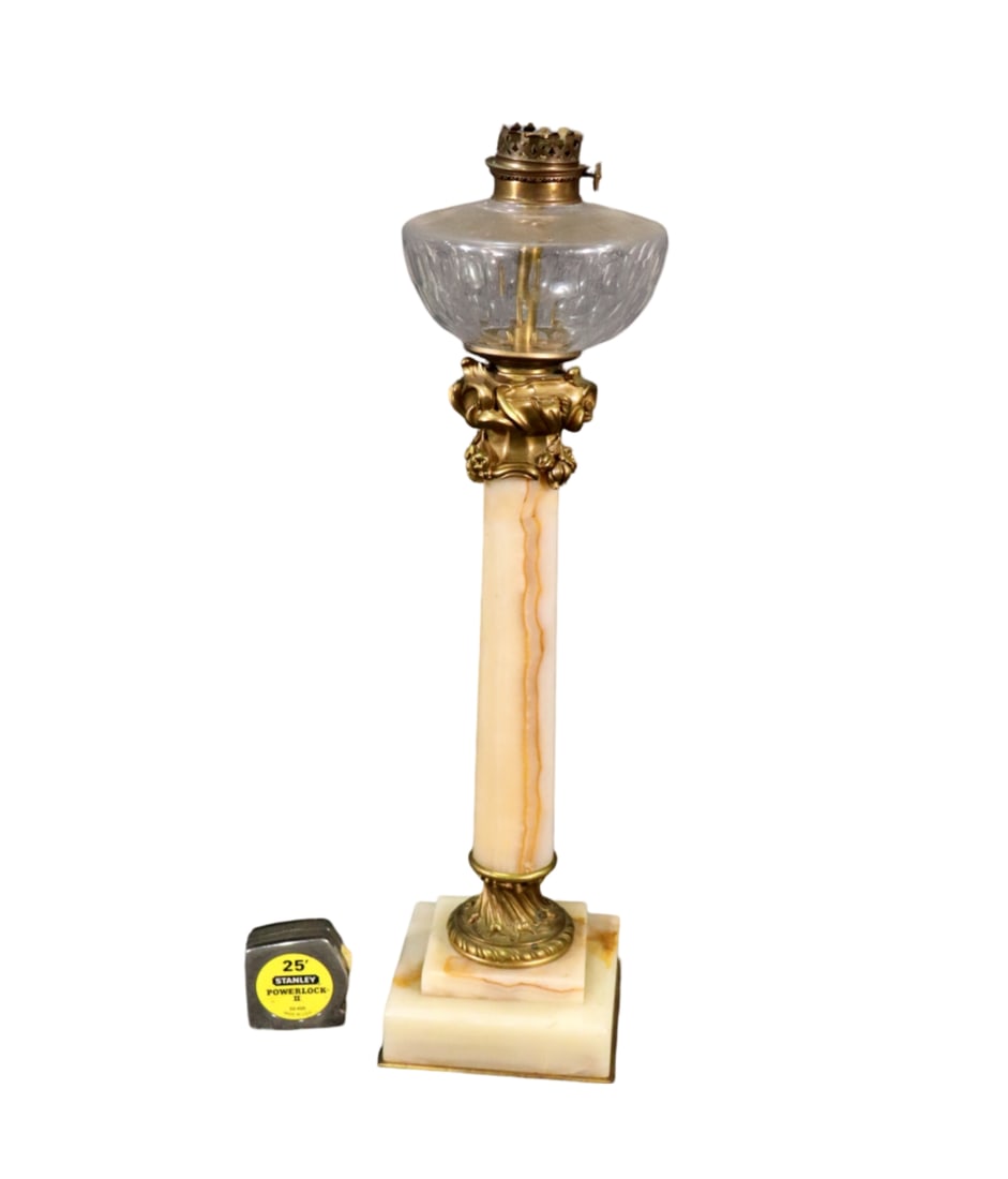 19TH CENTURY ALABASTER & BRASS OIL LAMP: Alabaster. Brass. 26 1/2" h x 7" w x 7" d.