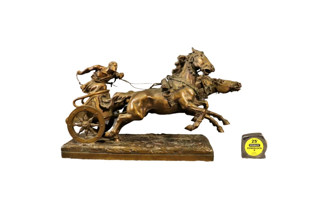 ULPIANO CHECA BRONZE SCULPTURE CHARIOT WITH RIDER: Bronze. Signed U. Checa on bottom. 14 3/8" h x 23 1/2" w x 8 1/4" d.