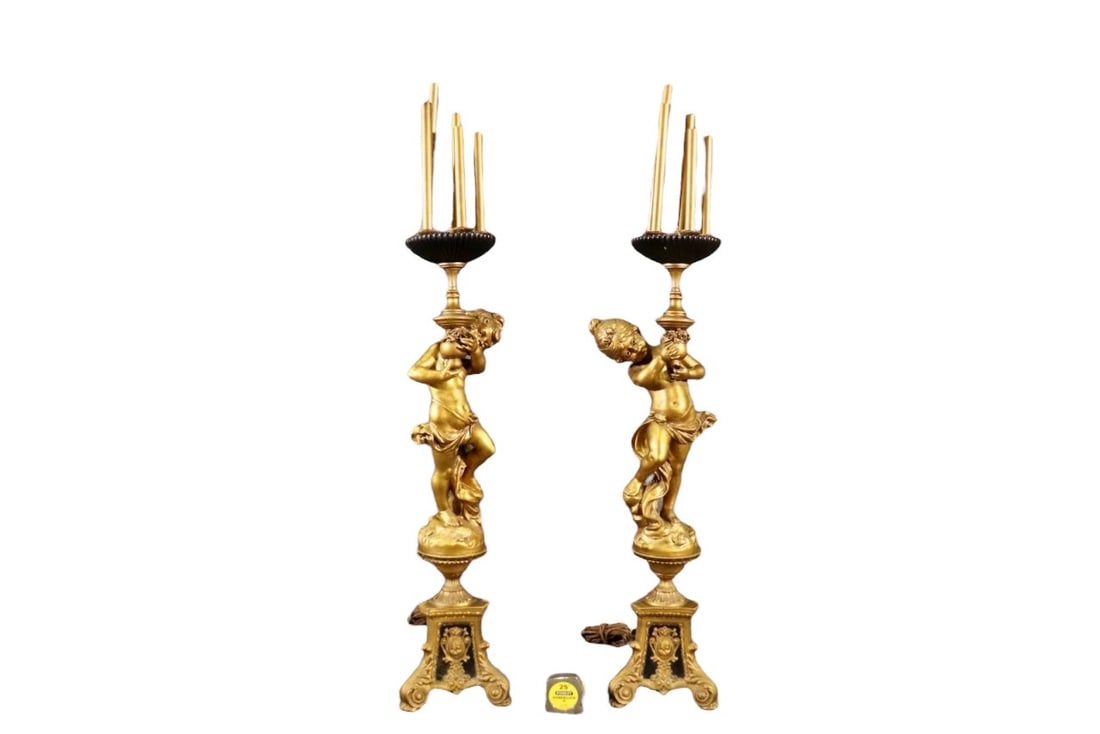 PAIR COLLECTION FRANCAISE CHERUB FIGURAL CANDELABRA LAMPS: Figural. Painted. Gilt. 5 candles on each lamp. 50" h x 9 1/2" w x 8" d.