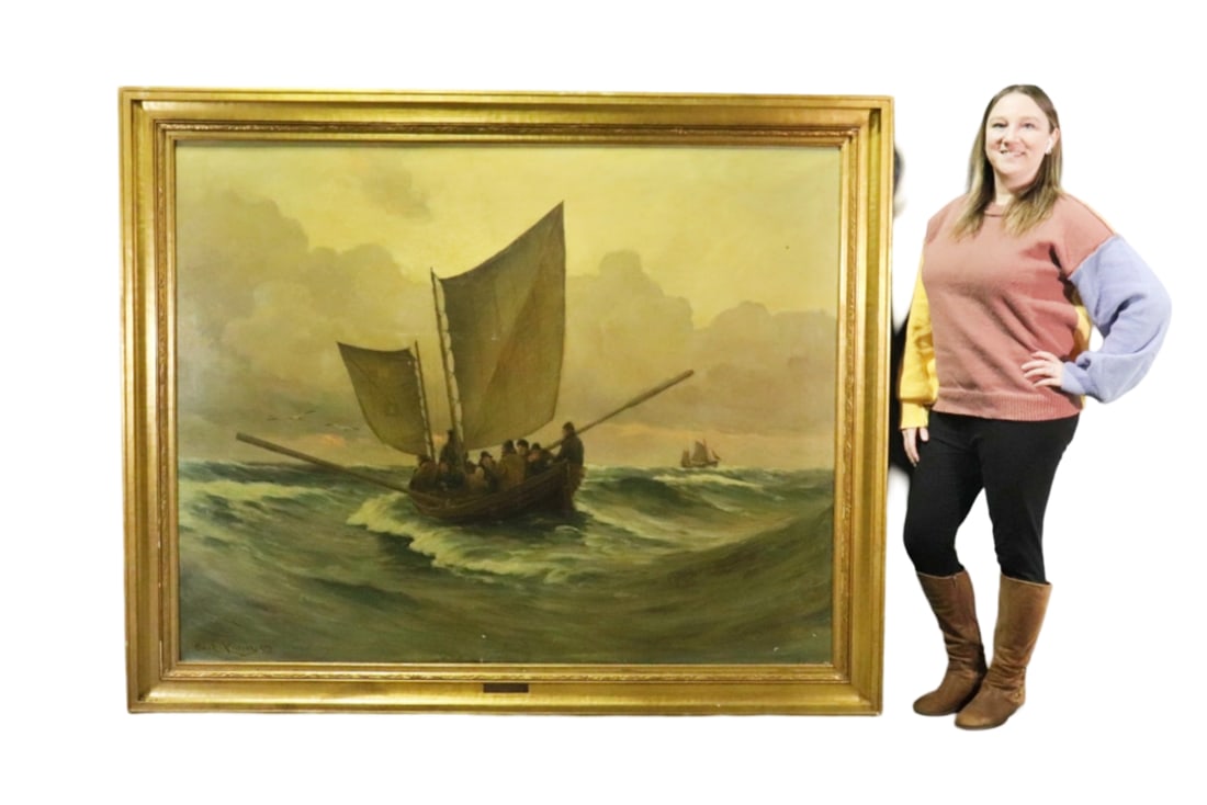 SIGNED CARL LOCHER PAINTING ON CANVAS: Signed bottom left. Canvas. Framed measures 63 1/2" h x 77 1/2" w x 3 1/4" d. Painting measures 54 1/4" h x 68 3/8" w.