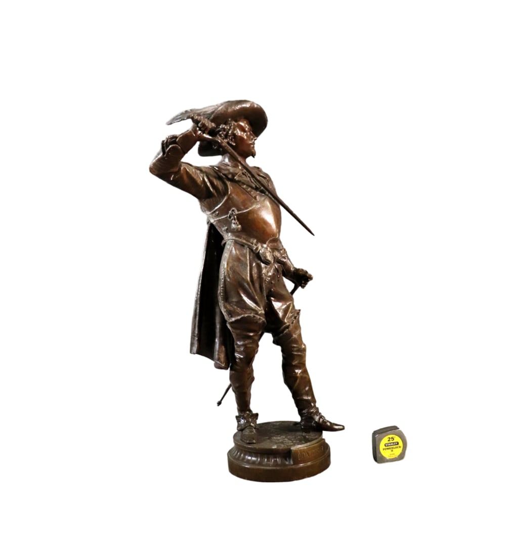 SPELTER FIGURE DON CESAR: Sword has V & Leroy. Don Cesar on base. White metal. 36" h x 22 1/2" w x 14 1/2" d.