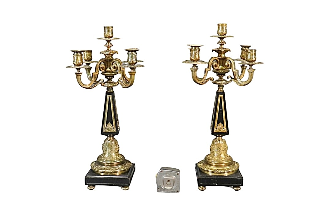 PAIR LOUIS XV STYLE CANDELABRAS: Appears to be all bronze. 5 light. 21 3/4" h x 9 1/2" w x 9 1/2" d.