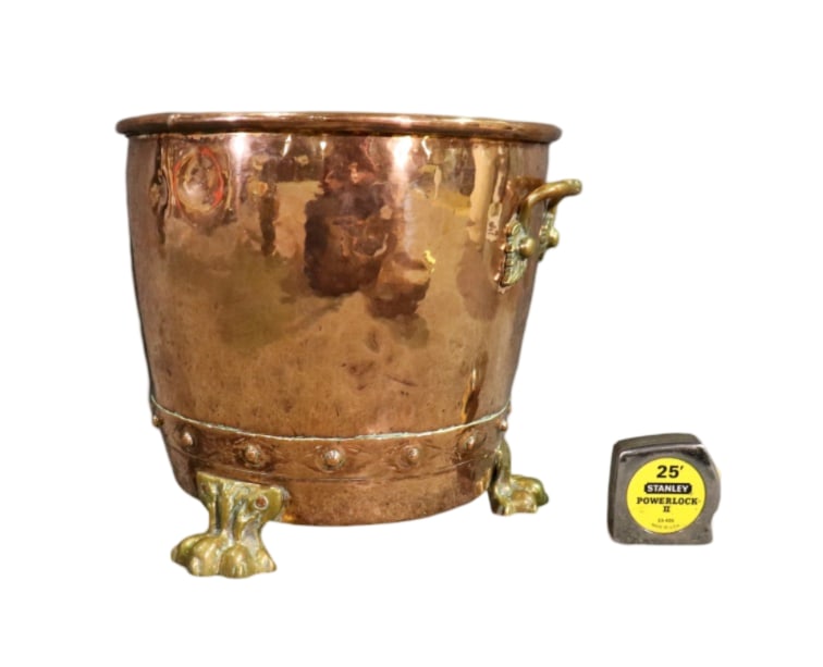 COPPER MIXED METALS POT: Claw feet. With handles. Mixed metals. 12 3/8" h x 15 1/4" w x 12 1/2" d.