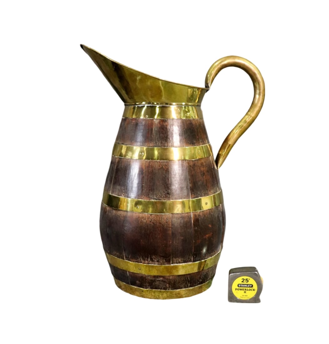 OLD ENGLISH BRASS & WOOD PITCHER (1 of 7)
