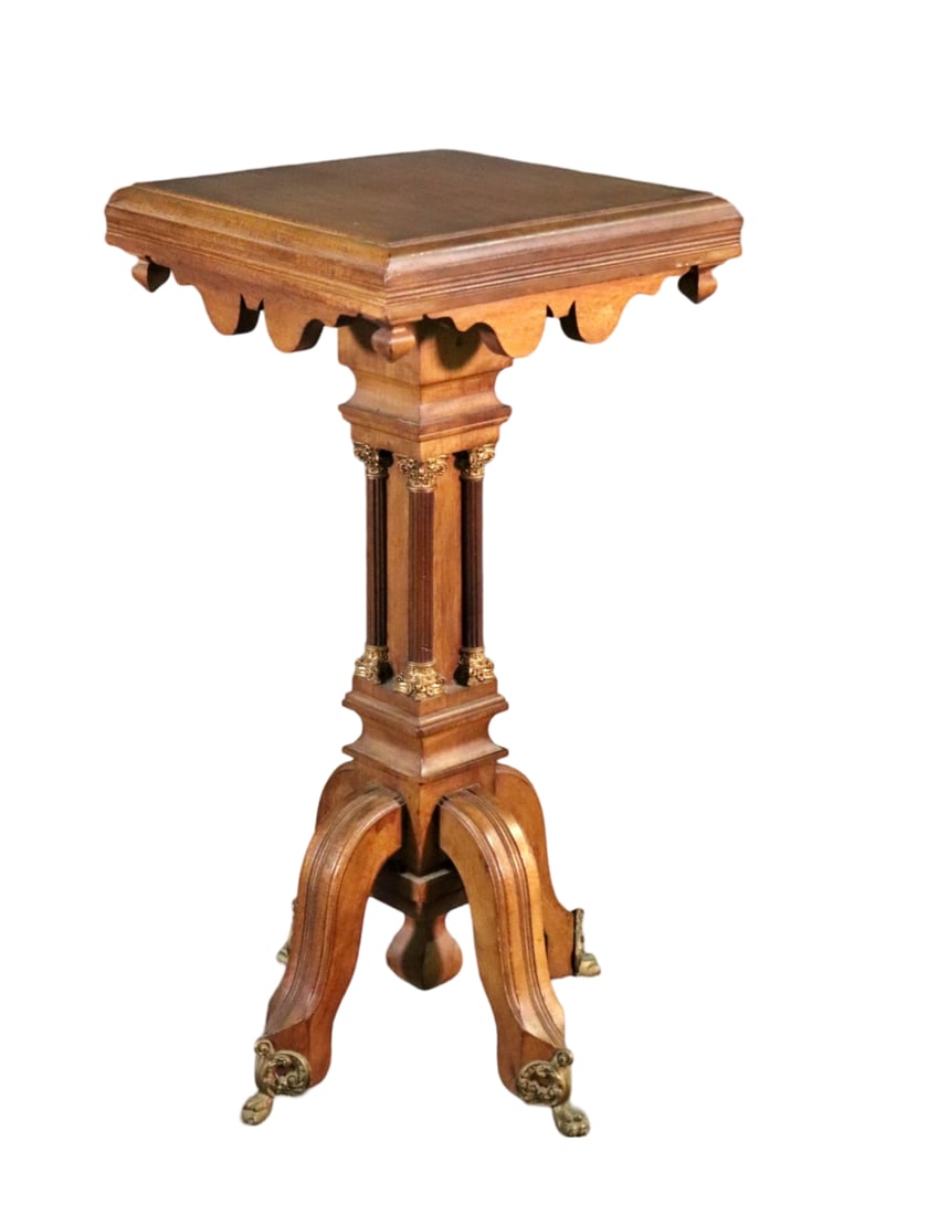 RENAISSANCE VICTORIAN PEDESTAL ATTR HERTER BROTHERS: Gilt accents. Bronze foot caps. 27" h x 13" square.