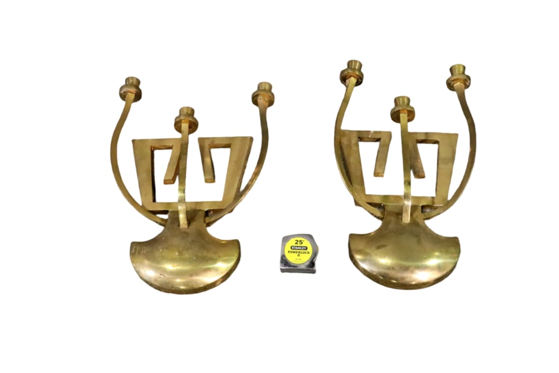 PAIR MODERNESQUE BRASS WALL SCONCES: Brass. 3 arms. 21" h x 14 1/4" w x 5" d.