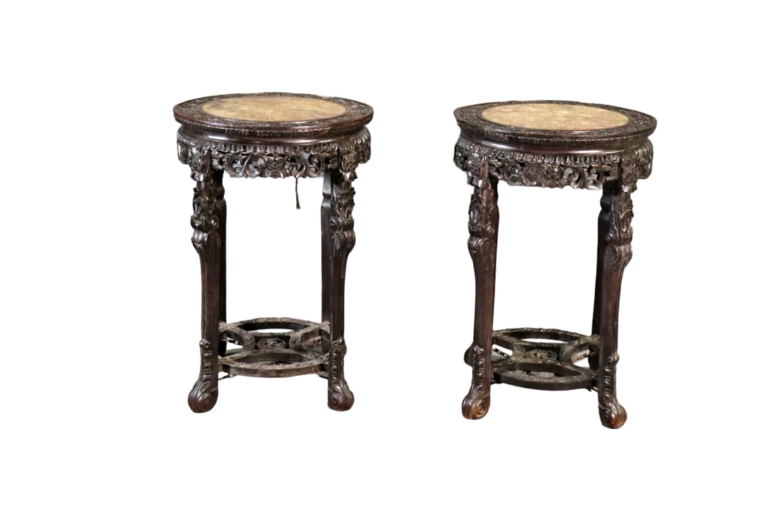 PAIR CHINESE CARVED MARBLE TOP PEDESTAL TABLES (1 of 16)