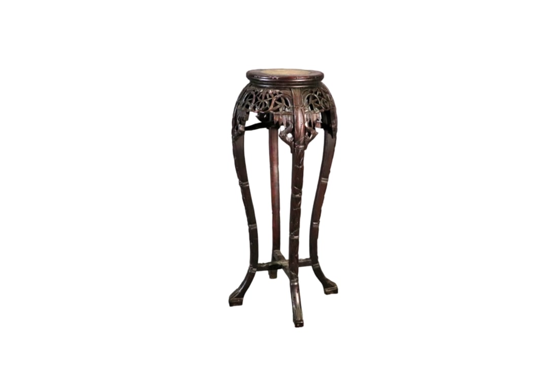 CHINESE CARVED MARBLE TOP PLANT STAND: Carved wood frame. Marble top. 36" h x 14" w x 14" d.