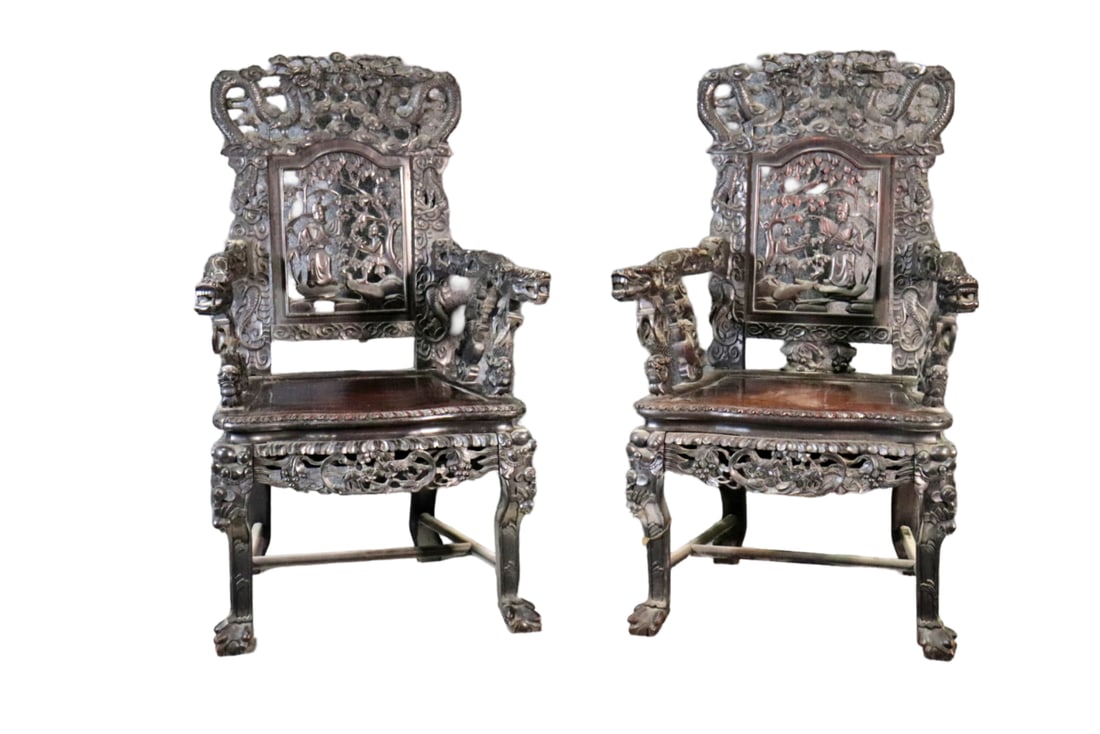 PAIR CHINESE CARVED DRAGON FIGURAL ARM CHAIRS (1 of 12)