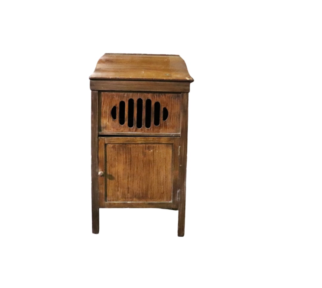 CHILD SIZE VICTROLA: Wood. Flip up top. On door. 23" h x 12 1/2" w x 13 3/4" d.