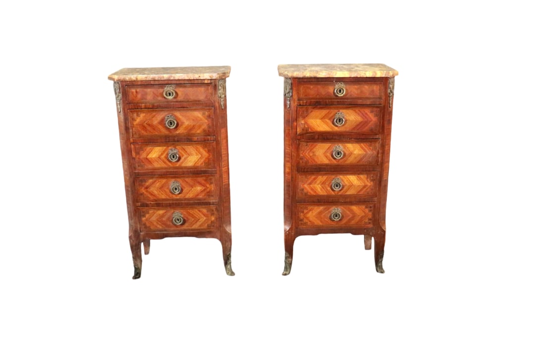 PAIR LOUIS XV STYLE MARBLE TOP 5 DRAWER NIGHT STANDS (1 of 13)