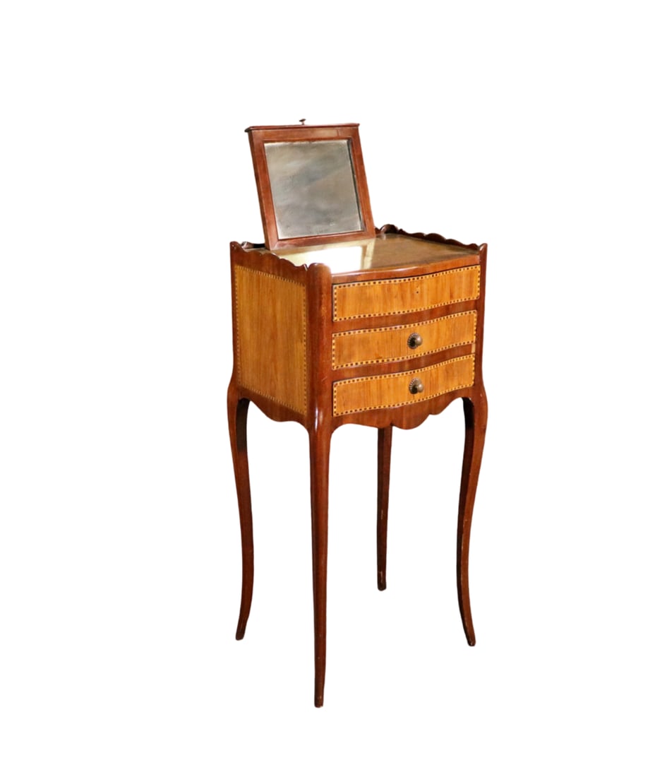 LOUIS XV STYLE MARQUETRY POUDREUSE: Marquetry. 3 dovetailed drawers. 30" h x 13 7/8" w x 10 7/8" d.