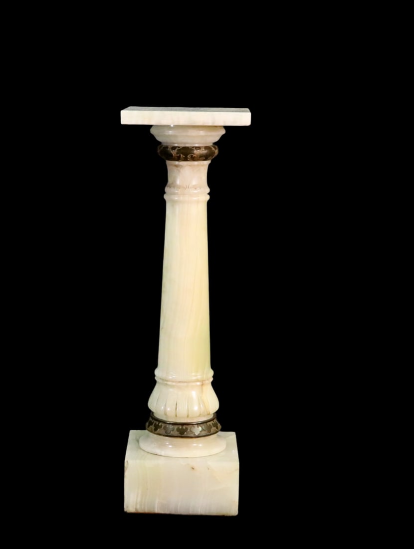 ALABASTER & BRONZE PEDESTAL: Alabaster. Bronze accents. 42 1/4" h x 13" w x 13" d.