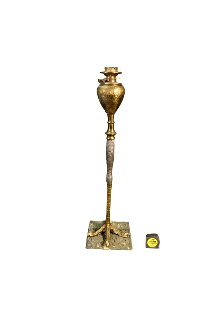 E. M . DUPLEX & CO. BRASS OSTRICH LEG OIL LAMP (1 of 8)