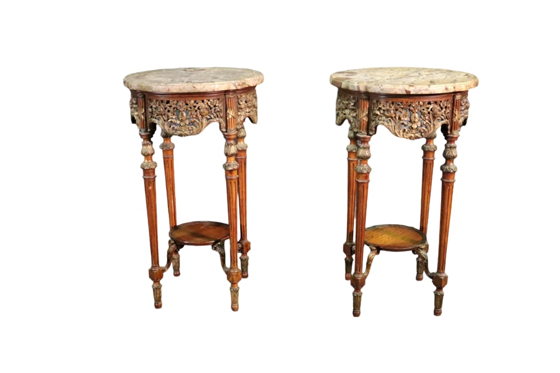 PAIR LOUIS XVI STYLE CARVED MARBLE TOP END TABLES (1 of 14)
