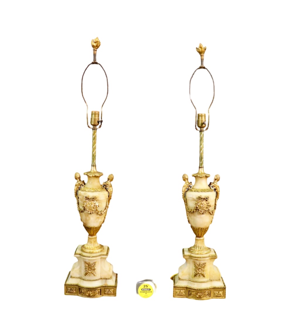 PAIR QUALITY FIGURAL BRONZE MOUNTED & ALABASTER LAMPS (1 of 8)