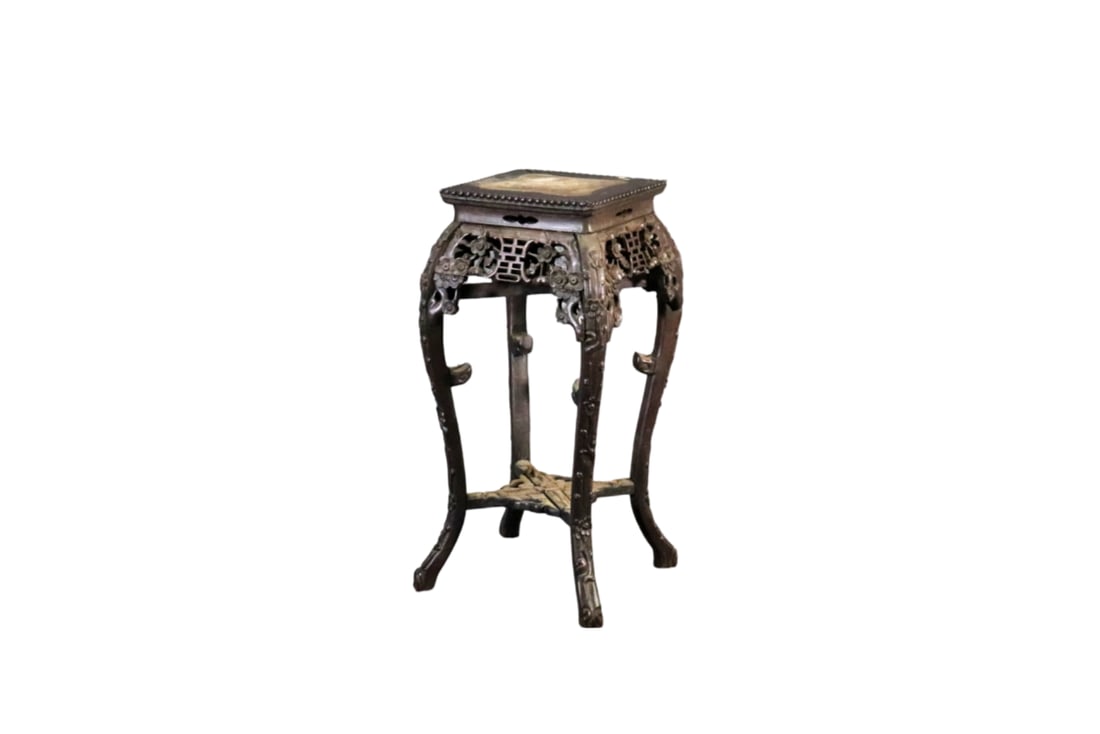 CARVED ASIAN MARBLE TOP PLANT STAND (1 of 8)