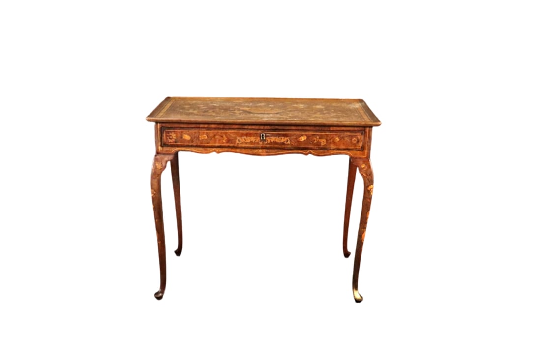 FRENCH MARQUETRY INLAID WRITING DESK: Inlaid. Marquetry. 1 dovetailed drawer. 28 1/2" h x 33 1/4" w x 19 5/8" d.