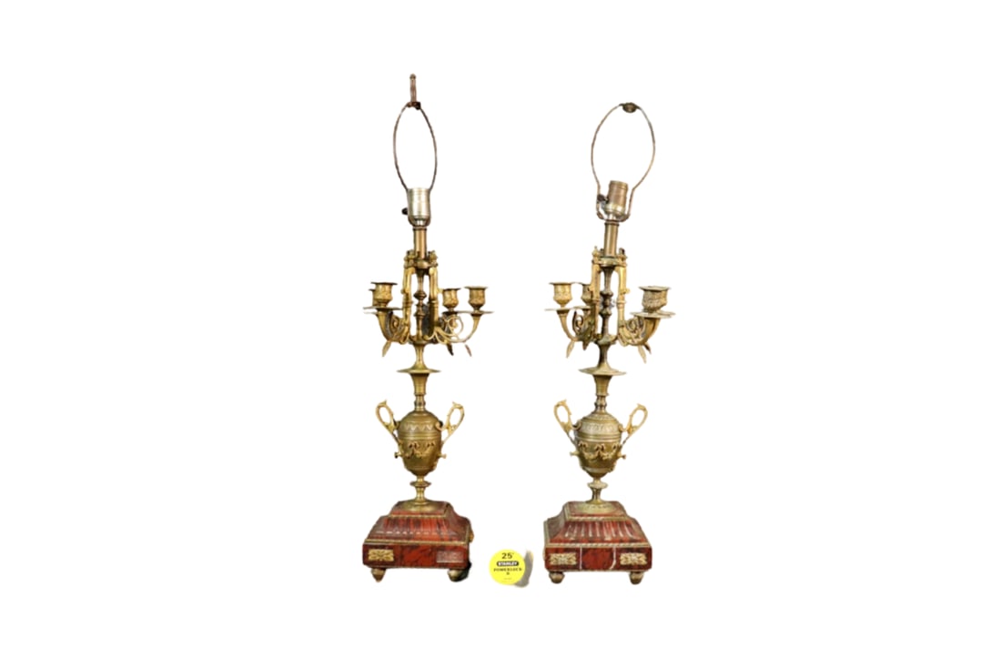 PAIR BRONZE & MARBLE CANDELABRA LAMPS (1 of 8)