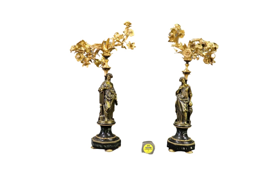 PAIR BRONZE & GILT METAL FIGURAL CANDELABRAS AFTER CARRIER (1 of 9)
