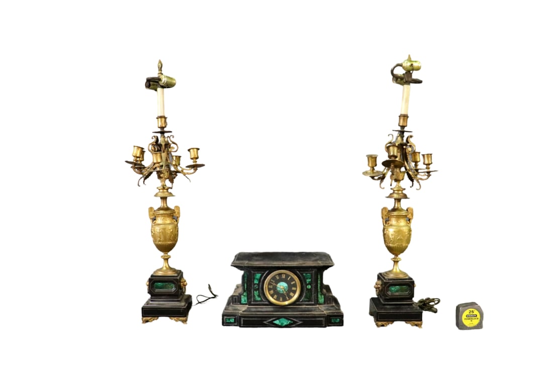 3 PIECE BRONZE & MALACHITE CLOCK SET (1 of 16)