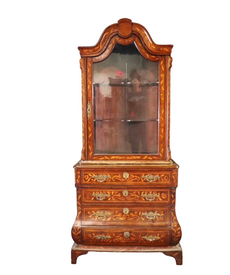 DUTCH MARQUETRY 2 PIECE CHINA: 2 piece. Marquetry. Top has 1 glass door containing 2 shelves. Bottom has 4 drawers. Brass hardware. 74 1/2" h x 33 3/4" w x 20 7/8" d.