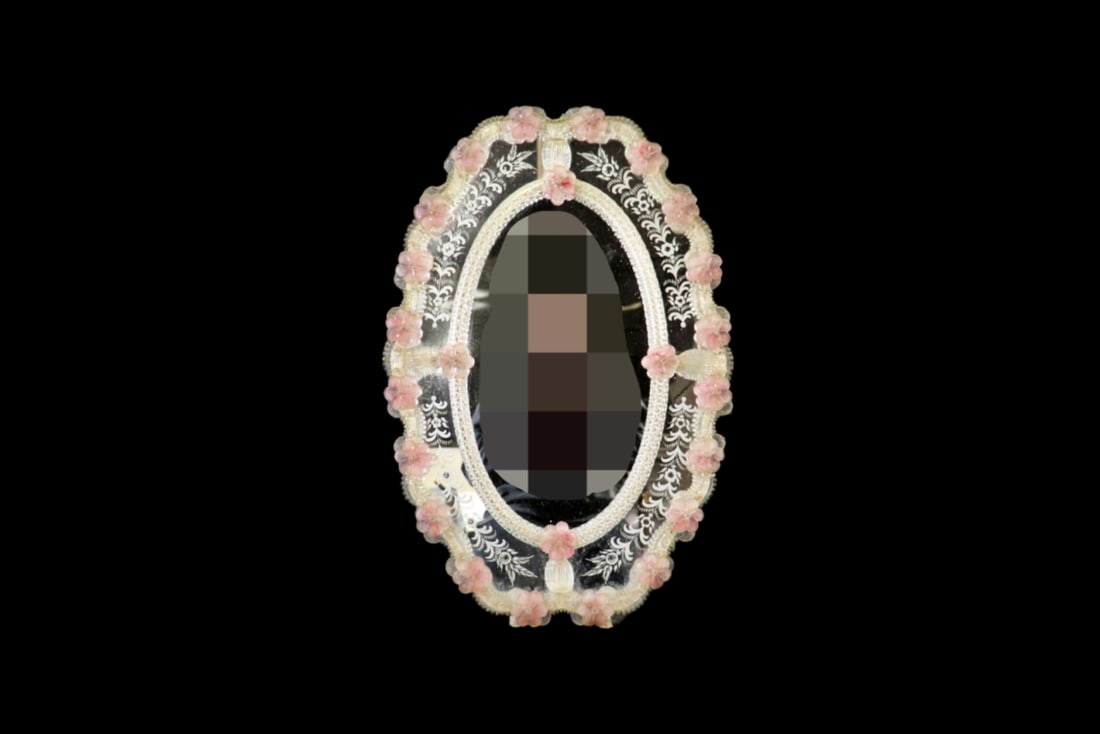 VENETIAN ETCHED GLASS MIRROR: Etched glass. Pink flowers. 28 1/2" h x 19 1/2" w x 1 3/4" d.