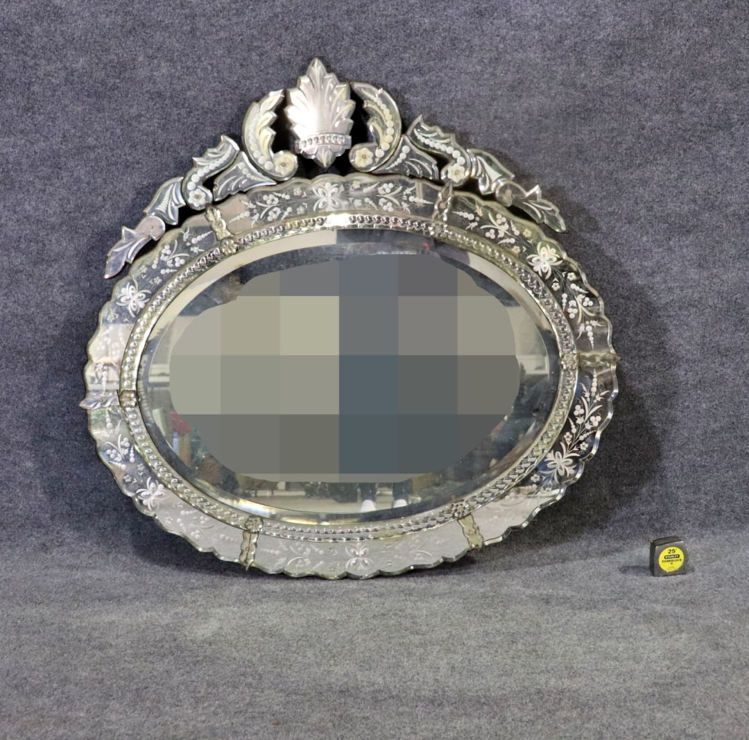 VENETIAN ETCHED GLASS MIRROR: Etched glass. Beveled glass. 46 3/8" h x 48" w x 1 1/2" d.