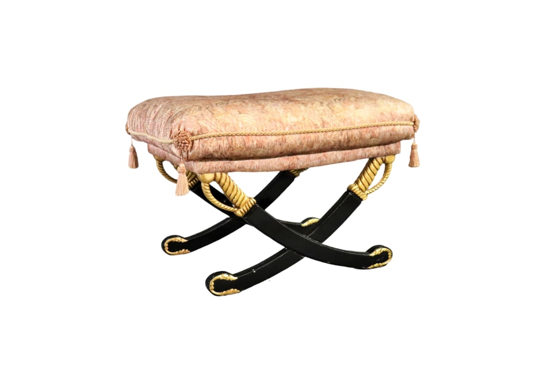 REGENCY CROSS SWORD X BENCH: Ebonized frame. Upholstered seat. Tassels. Gilt painted accents. 20 1/2" h x 30 1/4" w x 21 1/2" d.