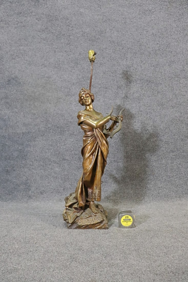 E. VILLARIS BRONZE WOMAN HOLDING HARP LAMP (1 of 9)