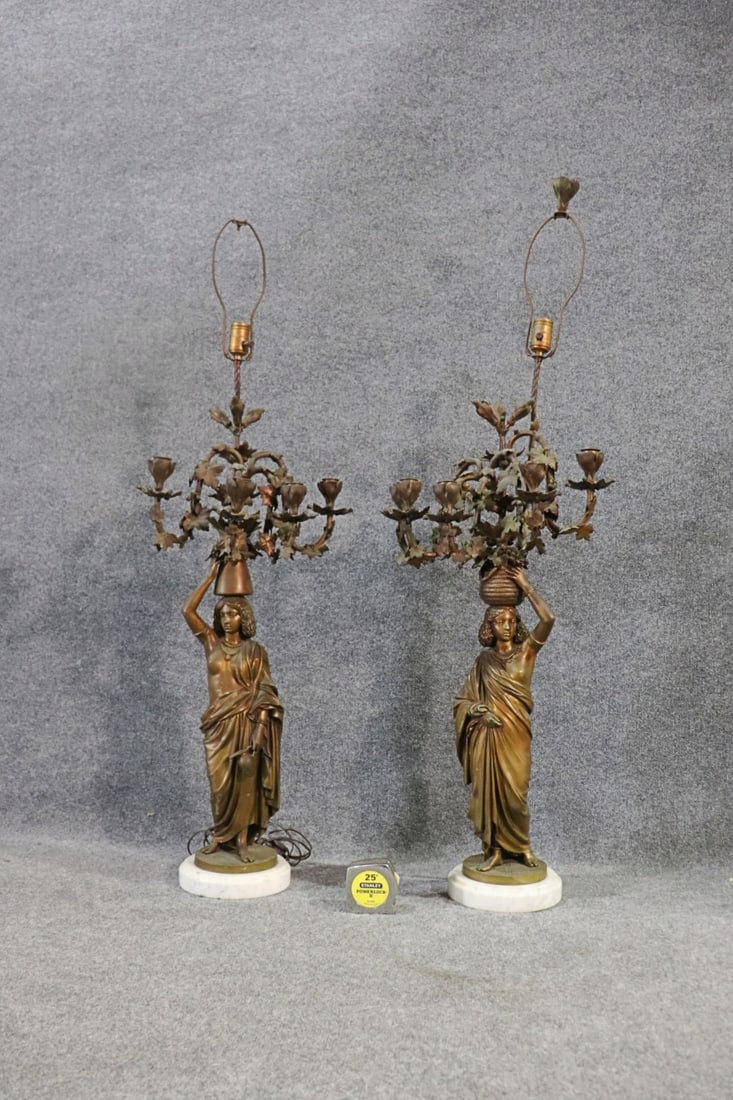 PAIR QUALITY LARGE BRONZE FIGURAL CANDELABRA LAMPS (1 of 9)