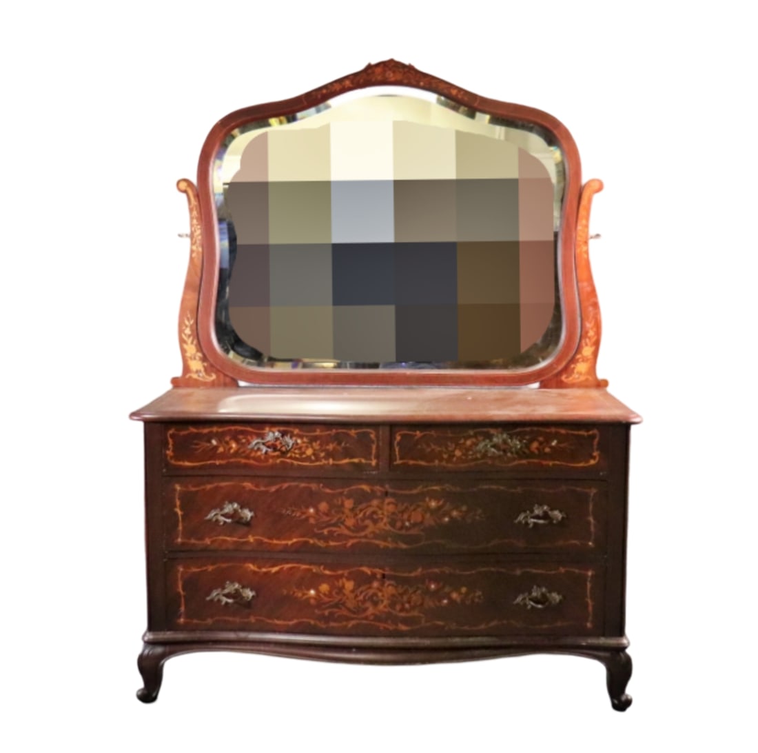 FRENCH CARVED INLAID MOTHER OF PEARL DRESSER & MIRROR ATTRIBUTED HORNER: Carved. Inlaid. Mother of pearl. 4 dovetailed drawers. Brass or bronze hardware. Beveled mirror. Dresser measures 31 5/8" h x 53 1/8" w x 24 3/8" d. Mirror measures 38 7/8" h x 52 3/4" w x 1 1/2" d.