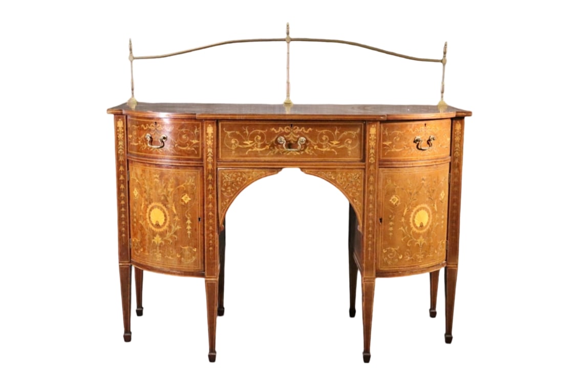 EDWARDIAN INLAID SIDEBOARD: Brass gallery. Mahogany. 3 dovetailed drawers. 2 doors. 50 3/8" h x 54 1/8" w x 23 5/8" d.