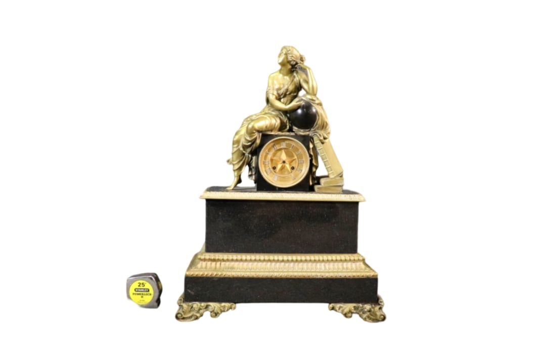 FRENCH FIGURAL BRONZE & GRANITE MANTLE CLOCK (1 of 10)