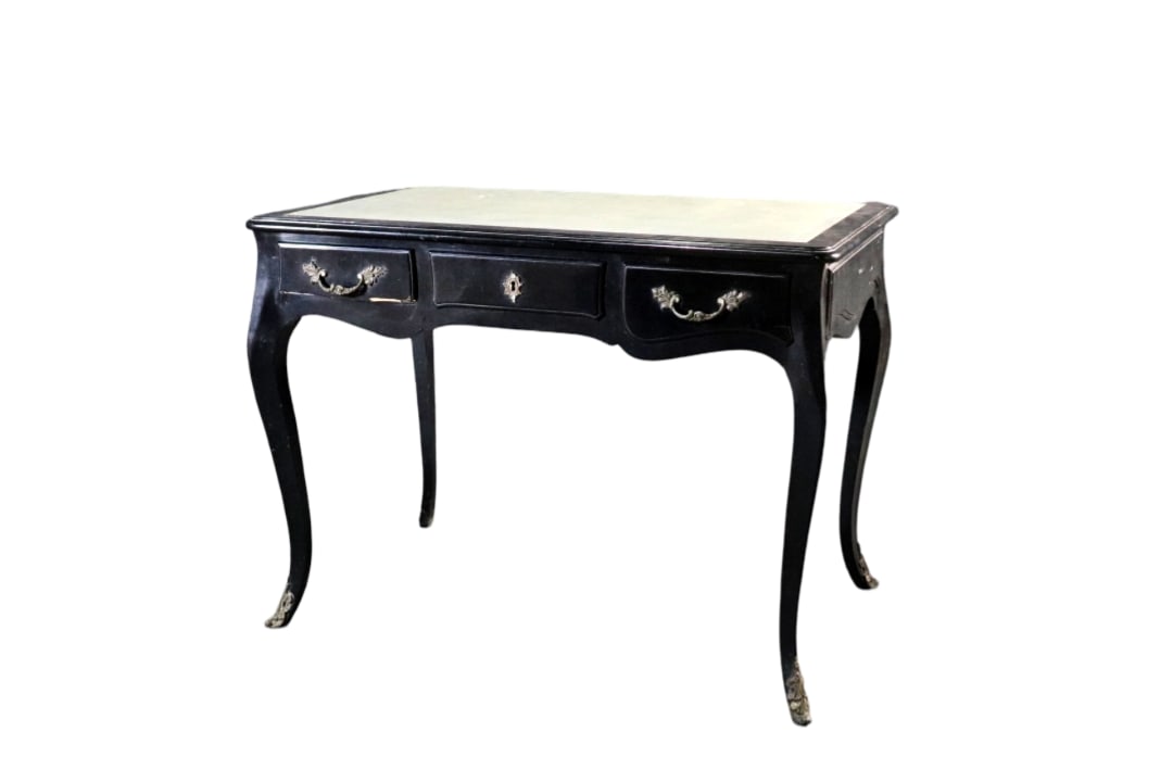 FRENCH LOUIS XV STYLE BLACK LEATHER TOP WRITING DESK: Black frames. Leather top. Brass or bonze accents and hardware. 3 dovetailed drawers. 29 7/8" h x 39 3/8" w x 24 1/8" d.