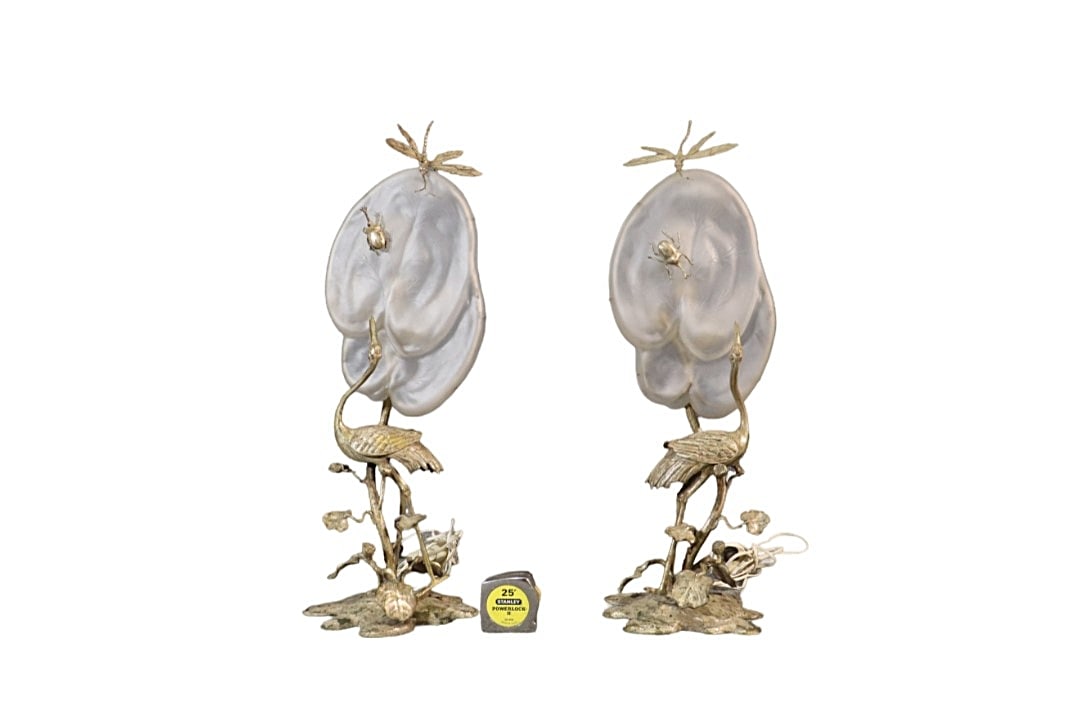 PAIR UNUSUAL ORIENTALIST SILVER BRONZE FANTASY LAMPS (1 of 9)