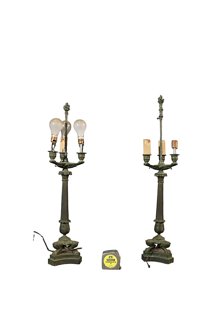 PAIR FRENCH EMPIRE STYLE BRONZE 3 LIGHT LAMPS (1 of 8)