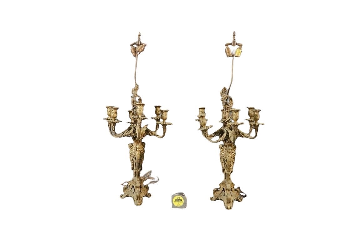 PAIR QUALITY FRENCH BRONZE CANDELABRA LAMPS (1 of 10)